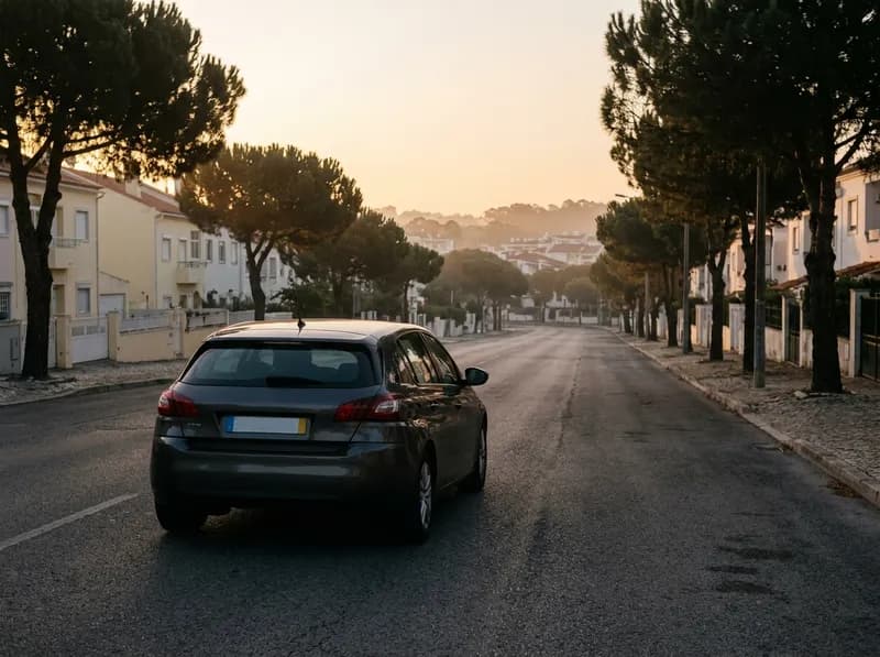 Carro de uso diário numa estrada tranquila ao amanhecer
