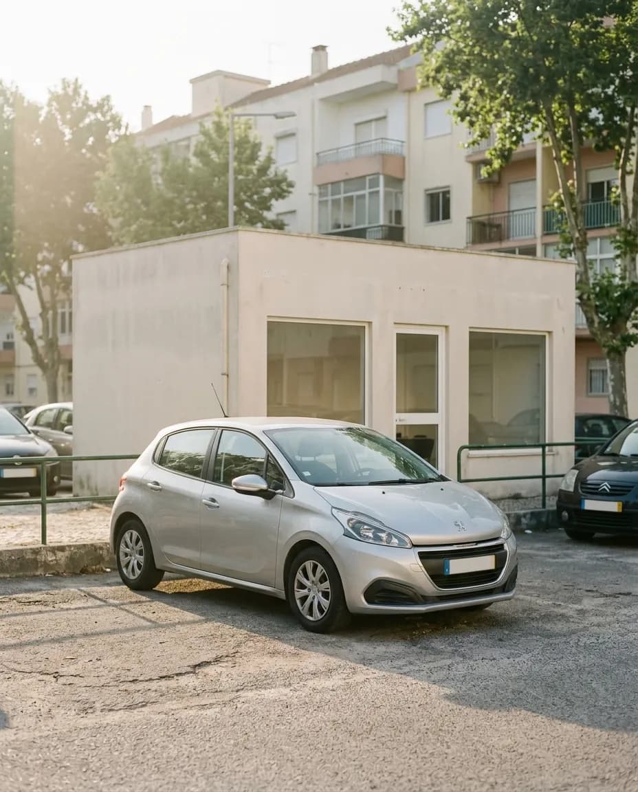 Carro compacto usado no pátio de um stand pequeno no Lumiar, Lisboa, à luz da manhã